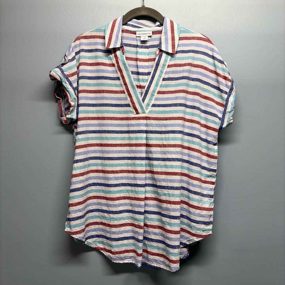 Liz Claiborne Women Striped Short Sleeve Linen Cotton Top - Sz Large Nautical